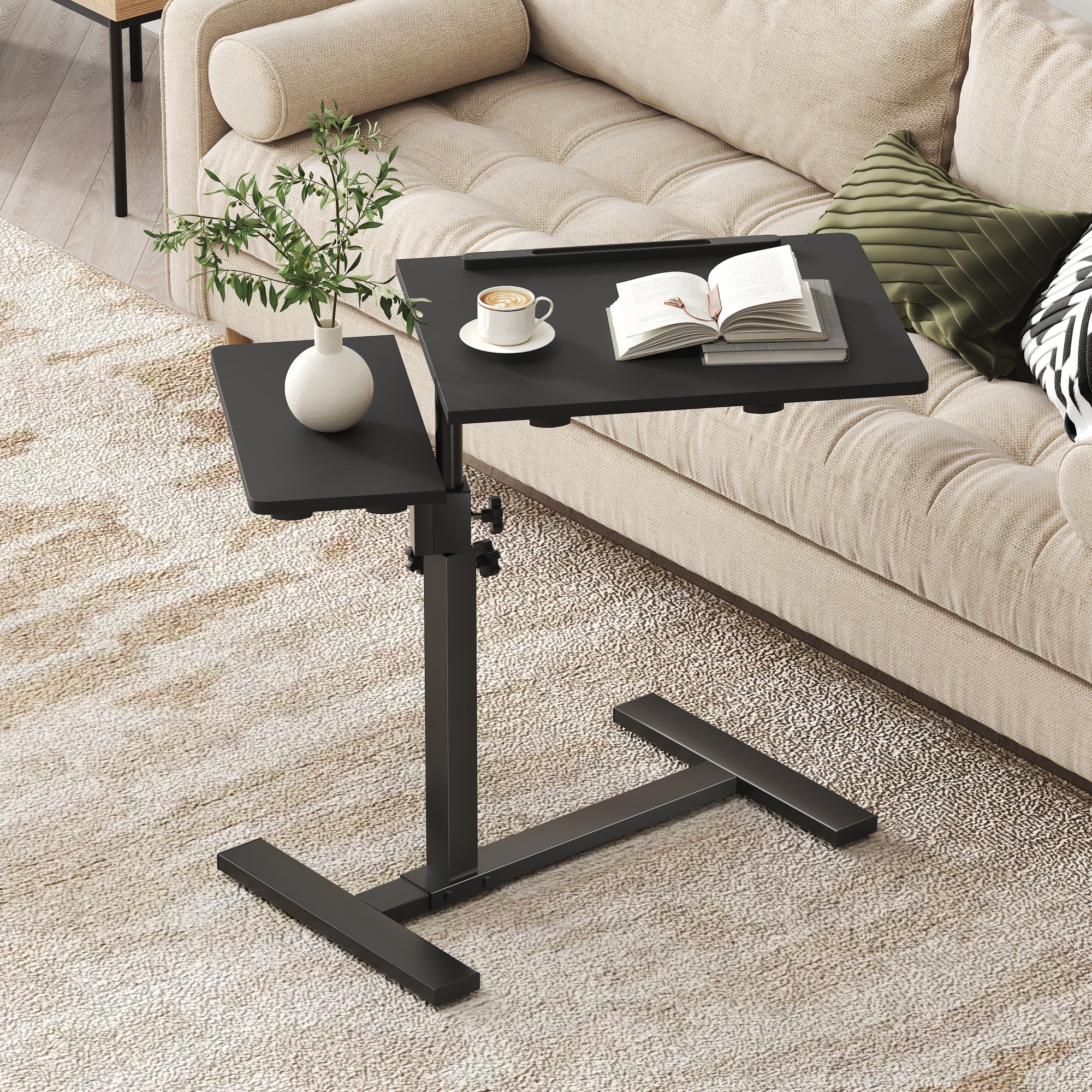 Height Adjustable C-Shaped Table with Removable Wheels, Mobile Sofa Snack Table with Tiltable Top, Adjustable Laptop Stand for Couch, Bedside Desk with Pen Slot, Black