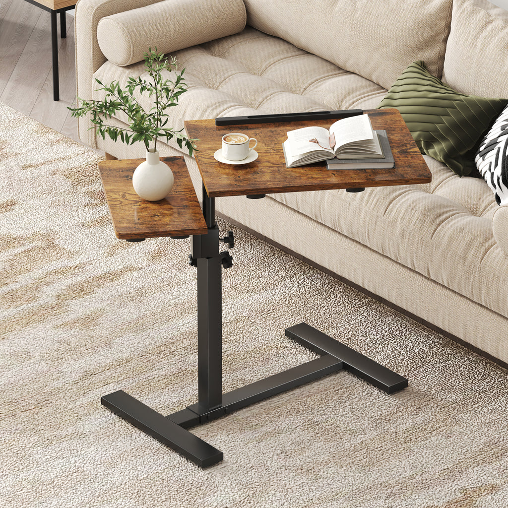 Height Adjustable C-Shaped Table with Removable Wheels, Mobile Sofa Snack Table with Tiltable Top, Adjustable Laptop Stand for Couch, Bedside Desk with Pen Slot, Rustic Brown