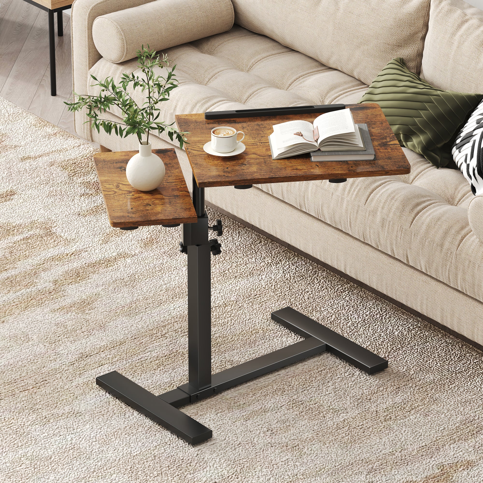 Height Adjustable C-Shaped Table with Removable Wheels, Mobile Sofa Snack Table with Tiltable Top, Adjustable Laptop Stand for Couch, Bedside Desk with Pen Slot, Rustic Brown