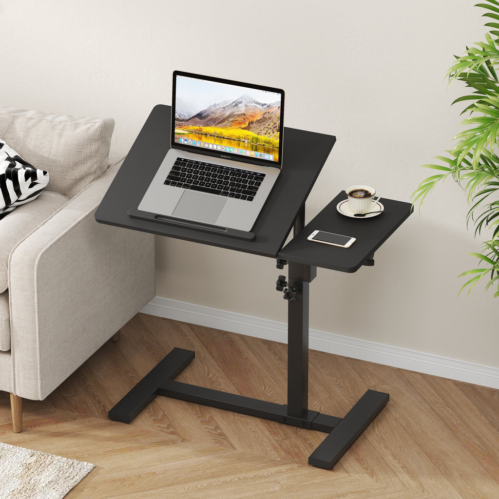 Height Adjustable C-Shaped Table with Removable Wheels, Mobile Sofa Snack Table with Tiltable Top, Adjustable Laptop Stand for Couch, Bedside Desk with Pen Slot, Black