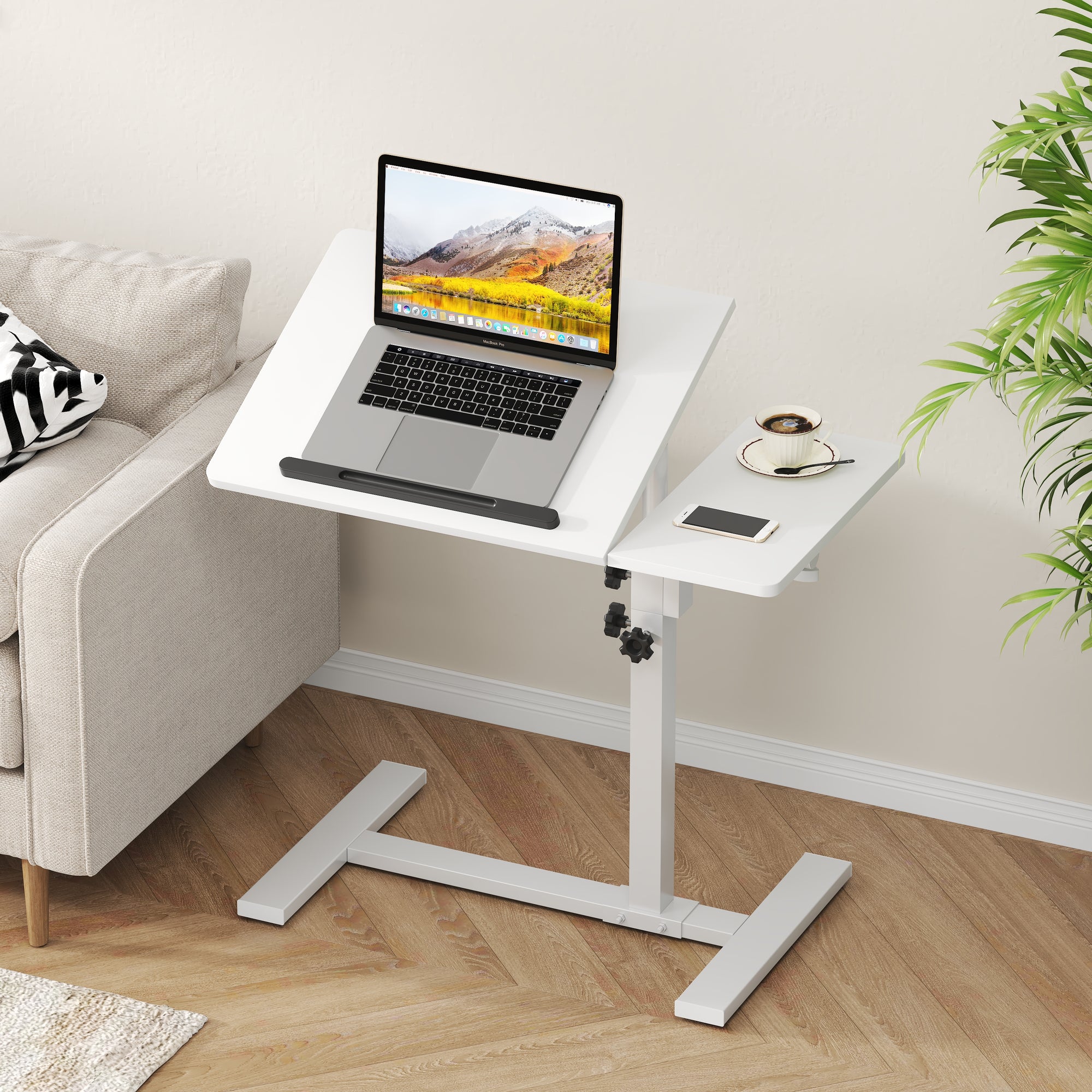 Height Adjustable C-Shaped Table with Removable Wheels, Mobile Sofa Snack Table with Tiltable Top, Adjustable Laptop Stand for Couch, Bedside Desk with Pen Slot, White
