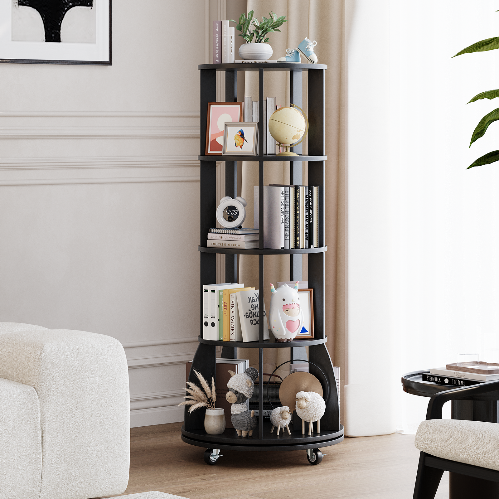 4 Tier Rotating Bookshelf with Brake Wheels, 360° Spinning Bookcase, Vertical Floor Standing Revolving Bookshelf Organizer for Small Spaces, Corner, Living Room, Bedroom, Black