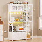 Bakers Rack with Storage Cabinet, 5-Tier Coffee Bar with Power Outlet and LED Lights, Industrial Microwave Oven Stand with Shelves, Kitchen Storage Shelf, White