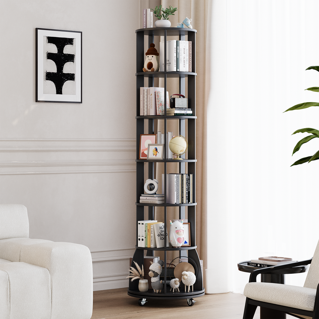 6 Tier Rotating Bookshelf with Locking Casters, 360° Spinning Vertical Bookcase, Revolving Floor Standing Organizer for Small Spaces, Corner, Living Room, Bedroom, Black