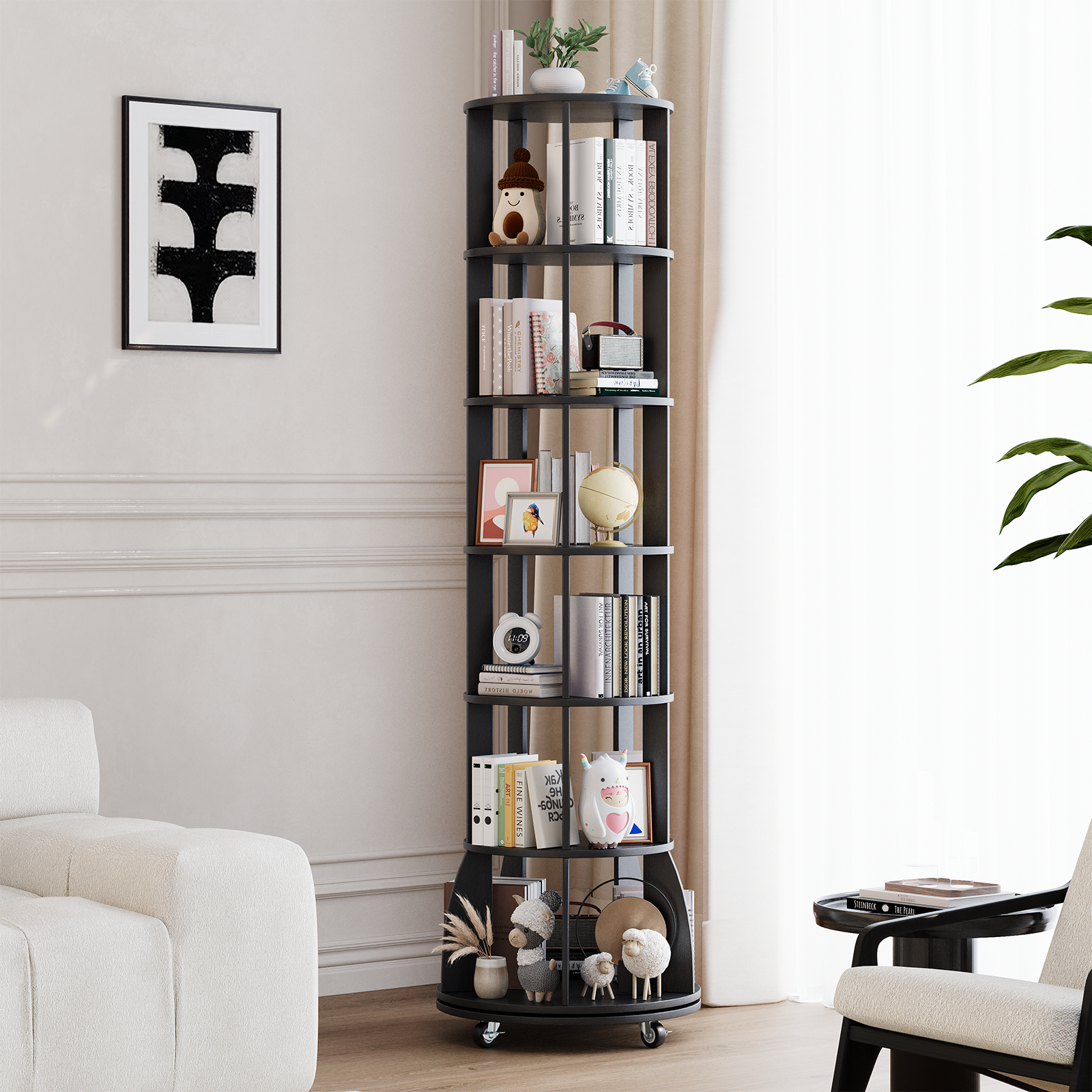 6 Tier Rotating Bookshelf with Locking Casters, 360° Spinning Vertical Bookcase, Revolving Floor Standing Organizer for Small Spaces, Corner, Living Room, Bedroom, Black