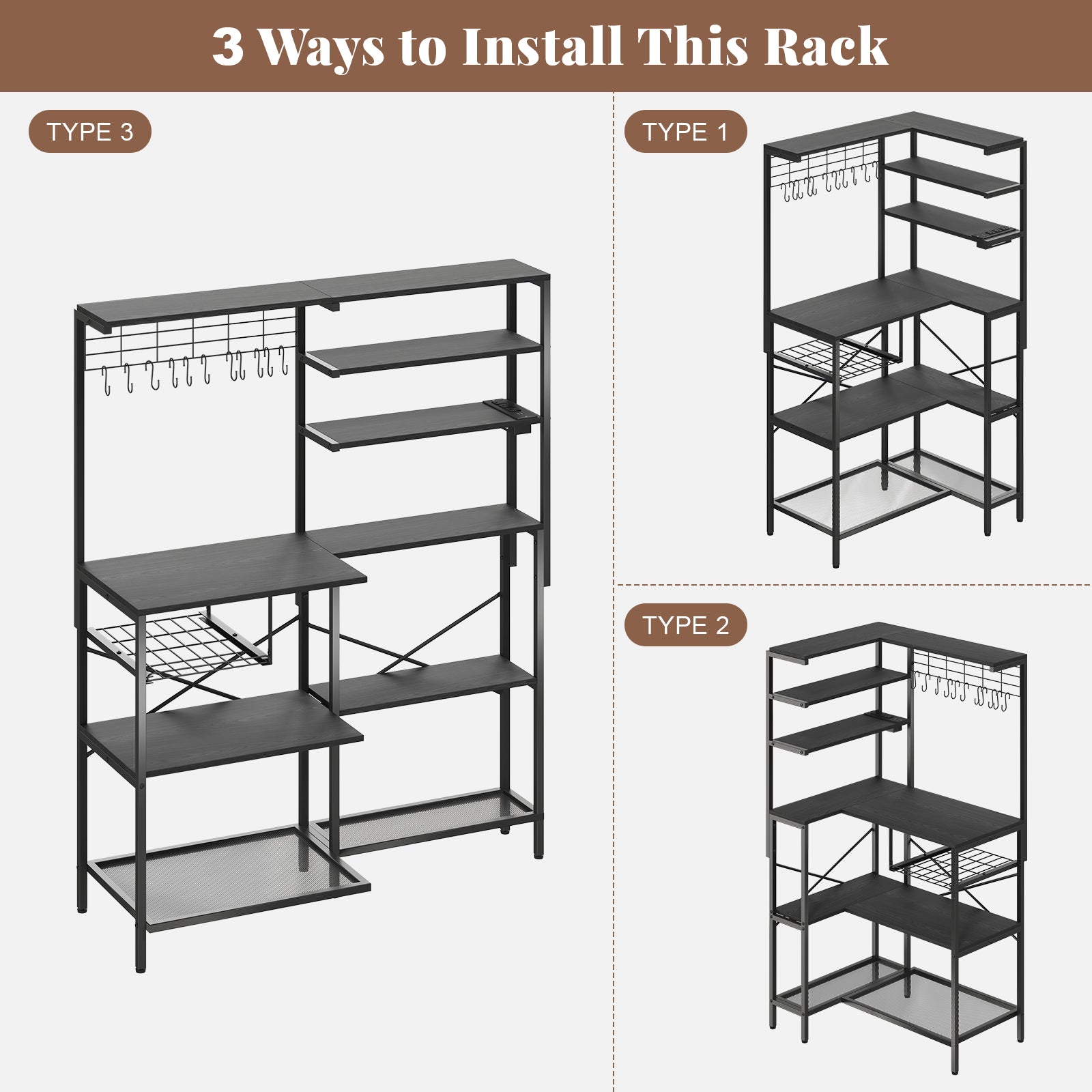L-Shaped Bakers Rack with Power Outlet, 6-Tier Microwave Stand with Open Storage, Coffee Bar with Hooks, Mesh Grid, Kitchen Shelf with Wire Basket, Black