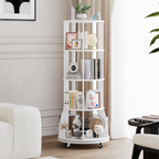 4 Tier Rotating Bookshelf with Brake Wheels, 360° Spinning Bookcase, Vertical Floor Standing Revolving Bookshelf Organizer for Small Spaces, Corner, Living Room, Bedroom, White