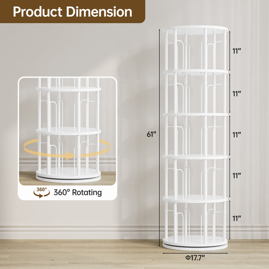 5 Tier Rotating Bookshelf Tower, 360° Spinning Bookcase, Vertical Floor Standing Revolving Bookshelf Organizer for Small Spaces, Corner, Living Room, Bedroom, White