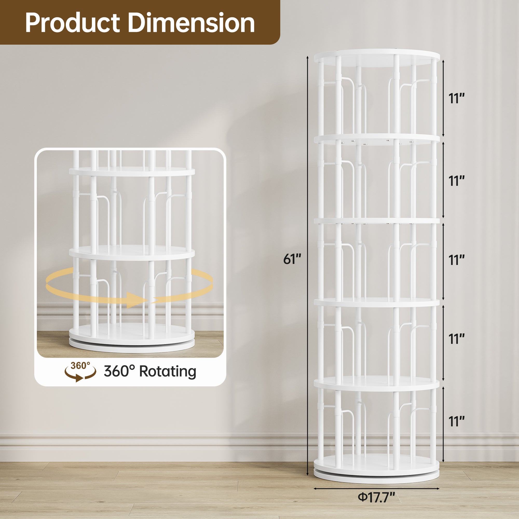 5 Tier Rotating Bookshelf Tower, 360° Spinning Bookcase, Vertical Floor Standing Revolving Bookshelf Organizer for Small Spaces, Corner, Living Room, Bedroom, White