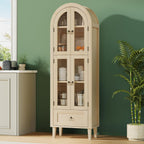 71” Tall Arched Pantry Cabinet with Glass Door, Display Cabinet Organizer with Drawer, Versatile Pantry with Top-Opening Storage Container for Living, Kitchen Dining Room, Natural