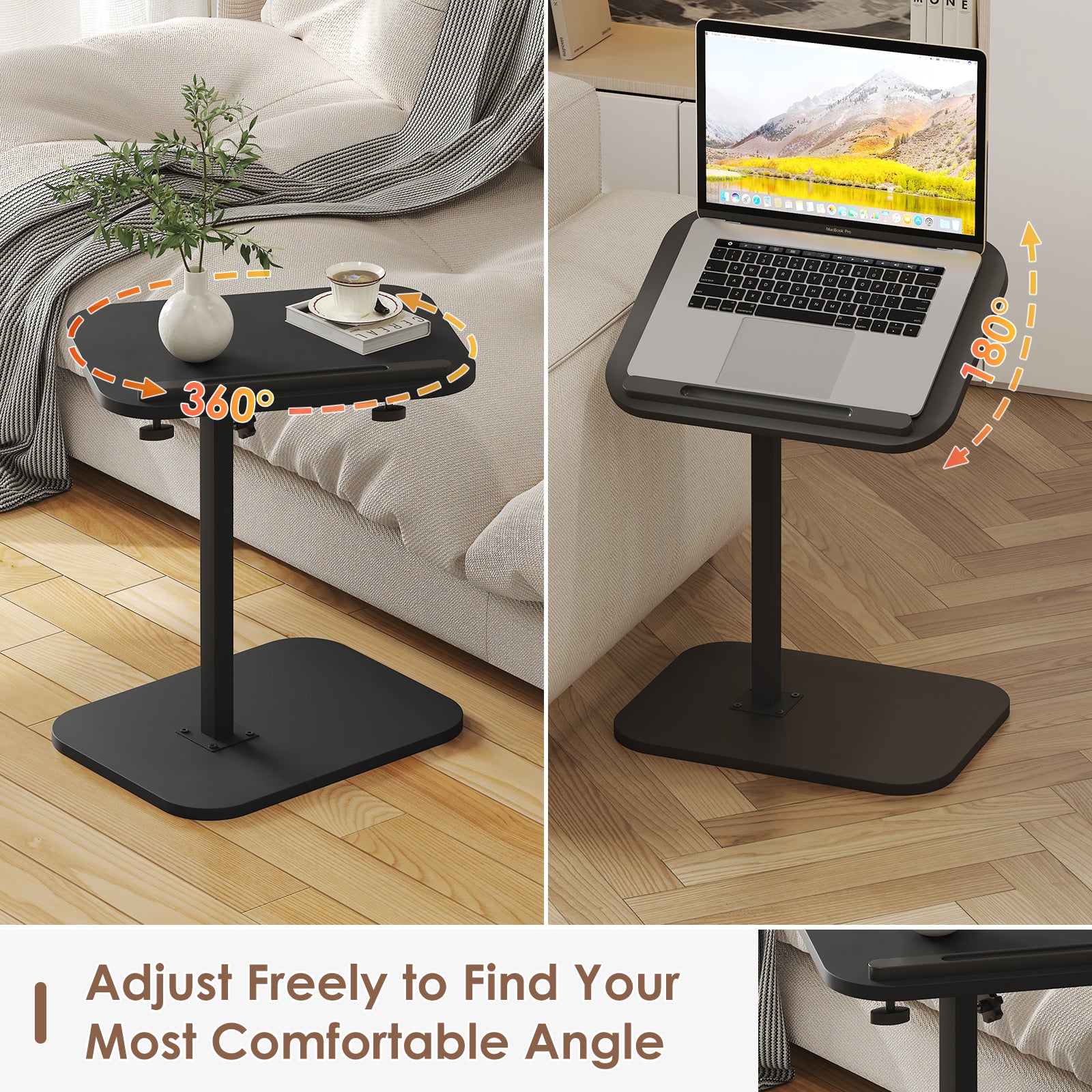 Sofa Couch Arm Table Tv Tray Small Bed Stand C Shaped Side End Tables for Living Room, Bedroom, Bedside Black