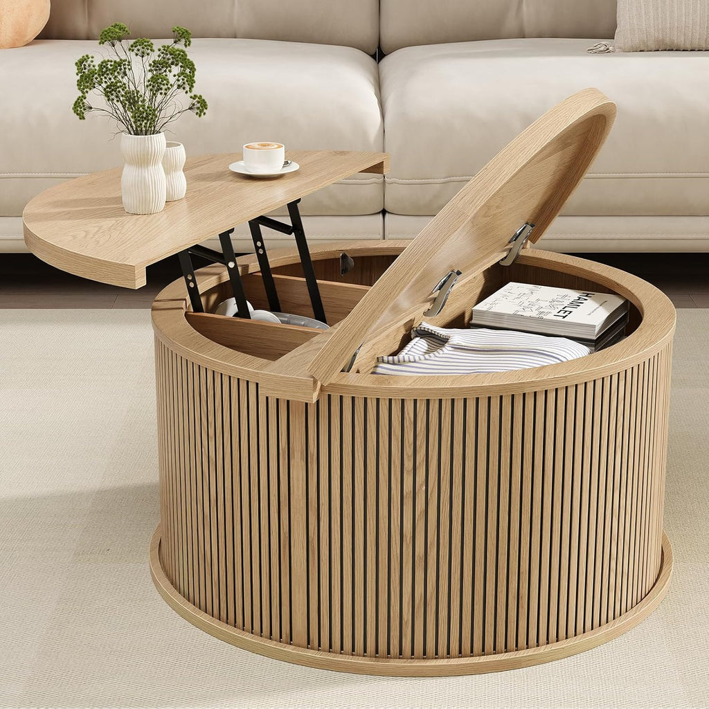 Round Coffee Table with Storage, 31.5" Lift Top Center Table with Gas Strut, Fluted Farmhouse Drum with 2 Hidden Compartments, Mid Century Modern Wood Circle Table for Living Room (Natural)