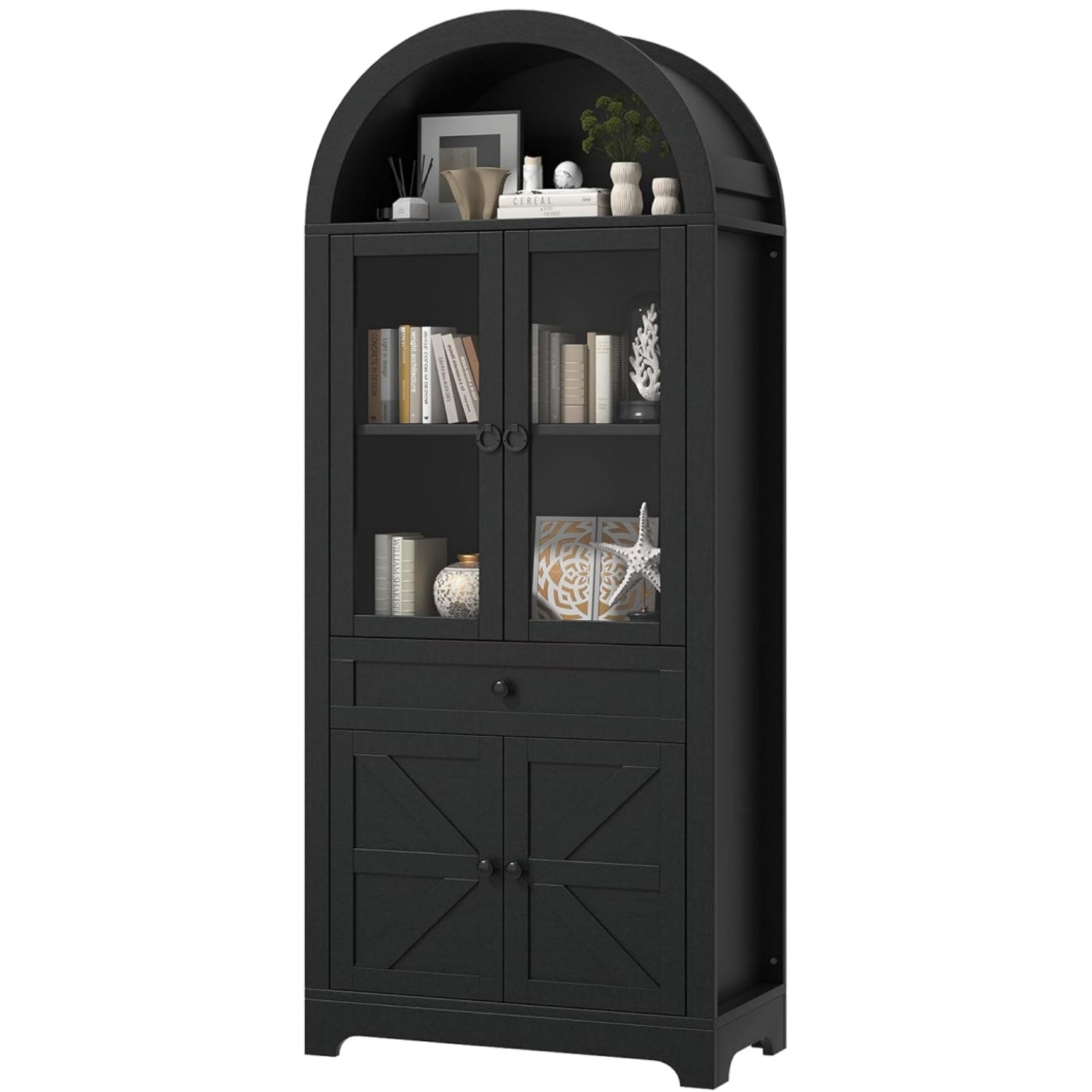 71" Tall Farmhouse Arched Storage Cabinet with Glass Door, Drawer and Barn Door, Versatile Pantry for Kitchen, Dining Room, Bathroom, Black