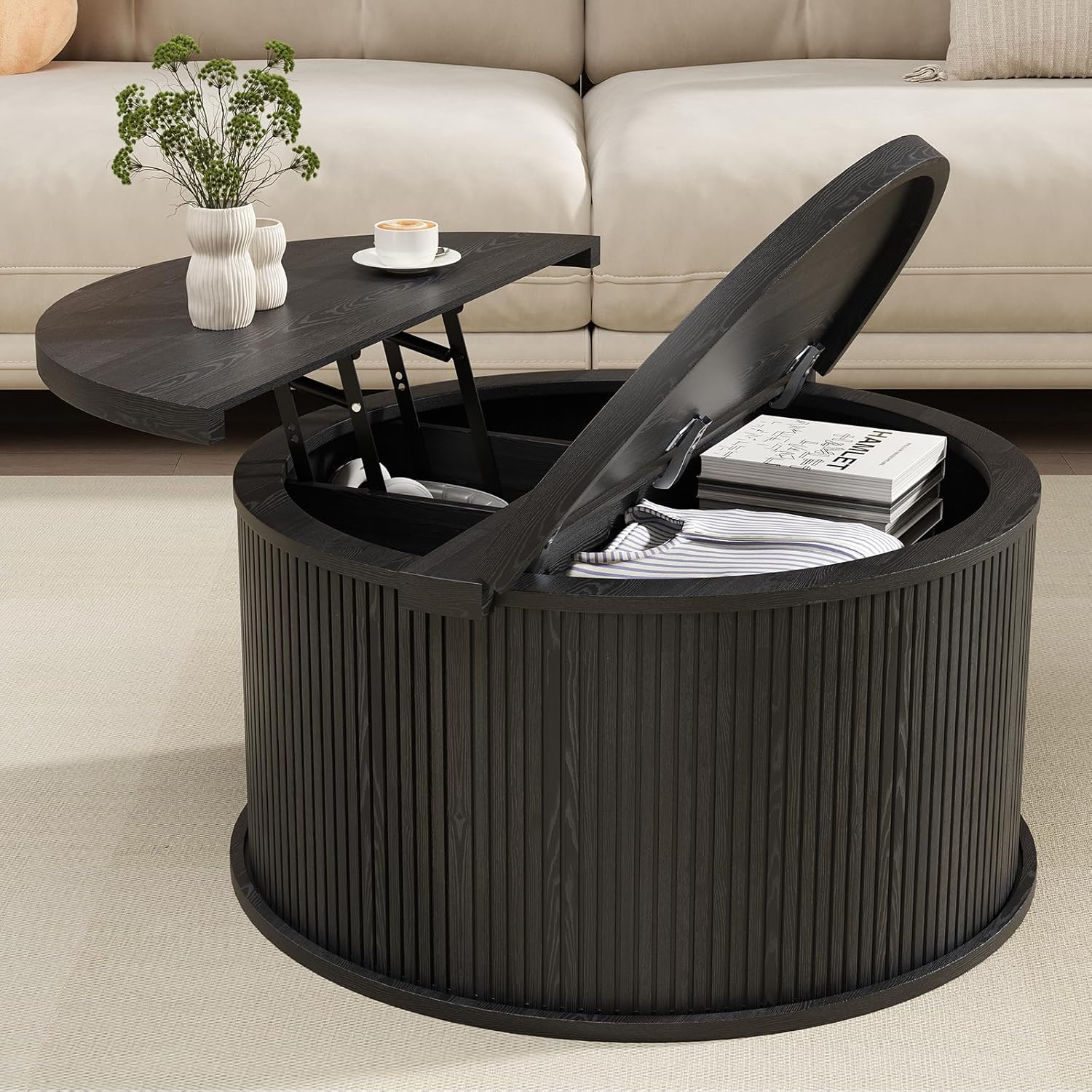 Round Coffee Table with Storage, 31.5" Lift Top Center Table with Gas Strut, Fluted Farmhouse Drum with 2 Hidden Compartments, Mid Century Modern Wood Circle Table for Living Room, Black