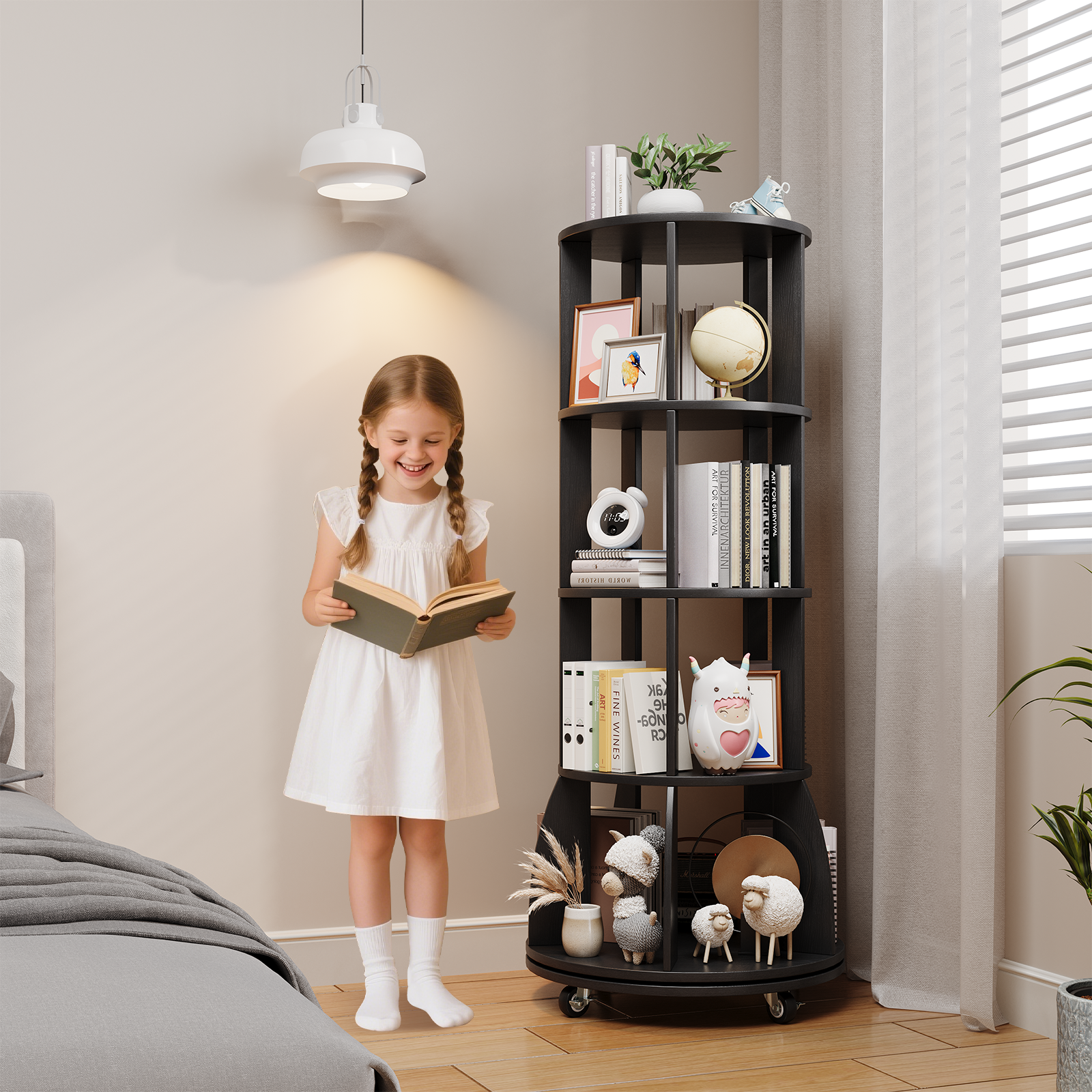 4 Tier Rotating Bookshelf with Brake Wheels, 360° Spinning Bookcase, Vertical Floor Standing Revolving Bookshelf Organizer for Small Spaces, Corner, Living Room, Bedroom, Black