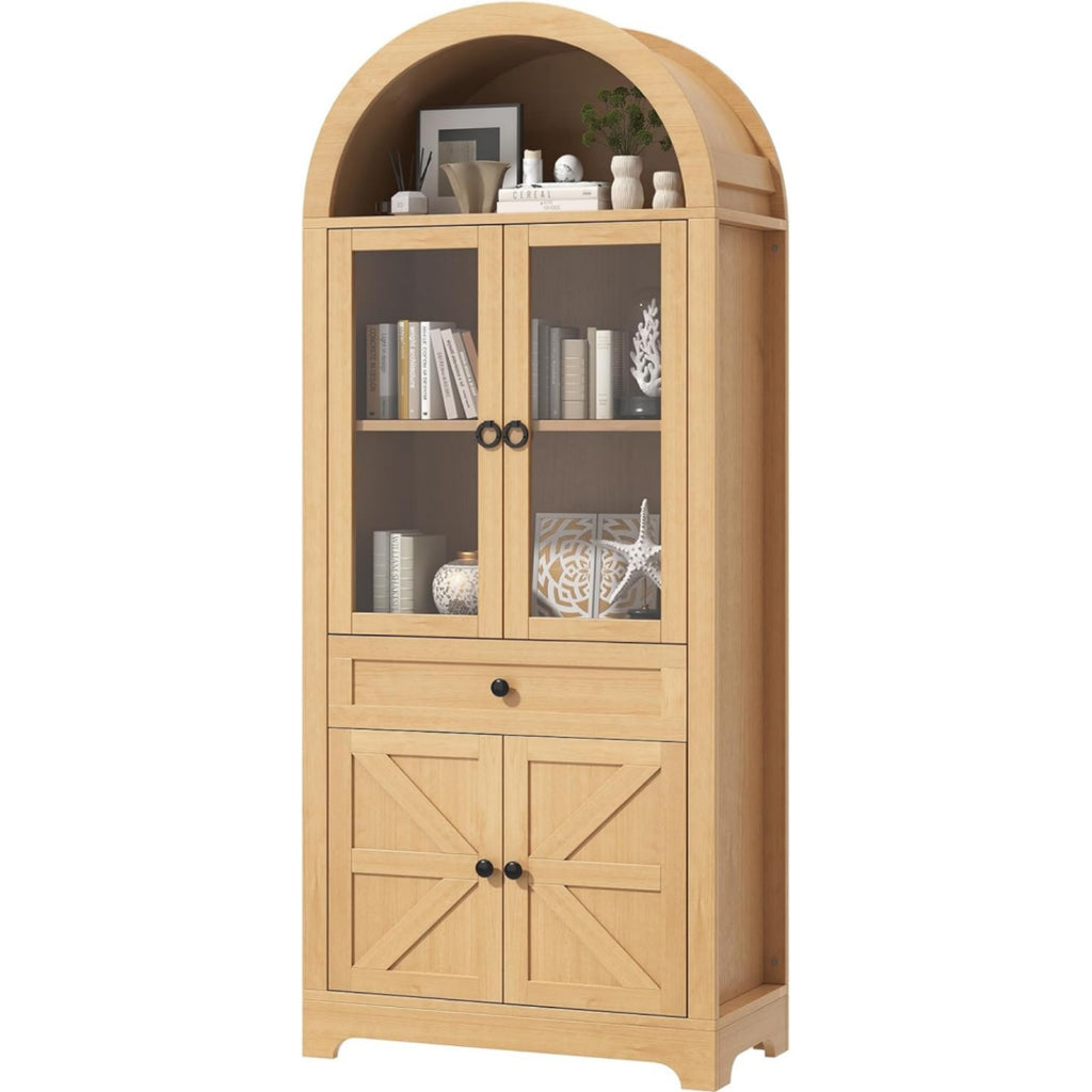 71" Tall Farmhouse Arched Storage Cabinet with Glass Door, Drawer and Barn Door, Versatile Pantry for Kitchen, Dining Room, Bathroom, Natural