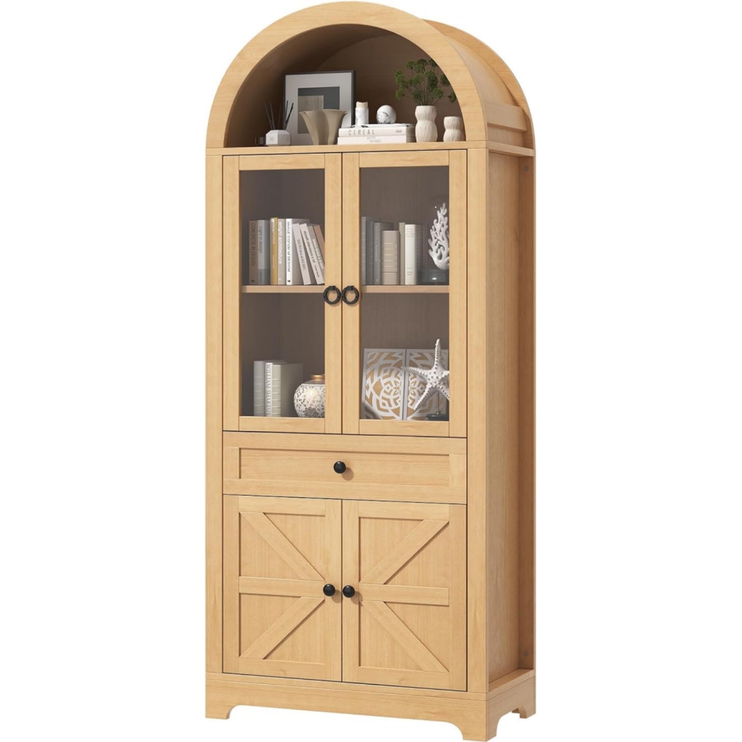 71" Tall Farmhouse Arched Storage Cabinet with Glass Door, Drawer and Barn Door, Versatile Pantry for Kitchen, Dining Room, Bathroom, Natural