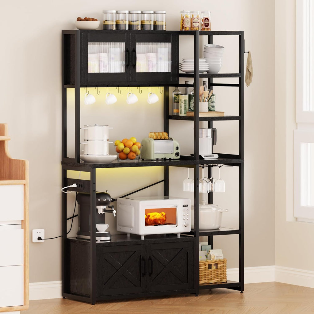 Bakers Rack with Storage Cabinet, 5-Tier Coffee Bar with Power Outlet and LED Lights, Industrial Microwave Oven Stand with Shelves, Kitchen Storage Shelf, Black