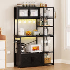 Bakers Rack with Storage Cabinet, 5-Tier Coffee Bar with Power Outlet and LED Lights, Industrial Microwave Oven Stand with Shelves, Kitchen Storage Shelf, Black