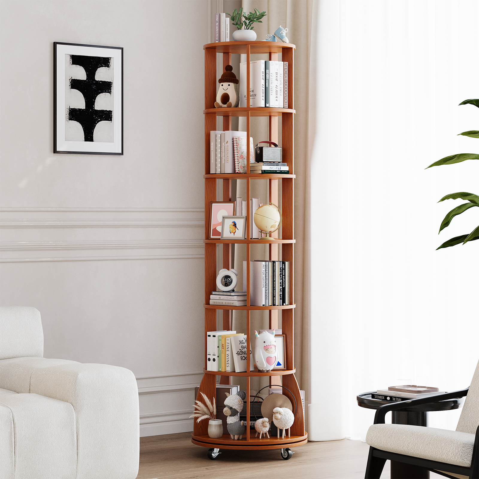6 Tier Rotating Bookshelf with Locking Casters, 360° Spinning Vertical Bookcase, Revolving Floor Standing Organizer for Small Spaces, Corner, Living Room, Bedroom, Rustic Brown