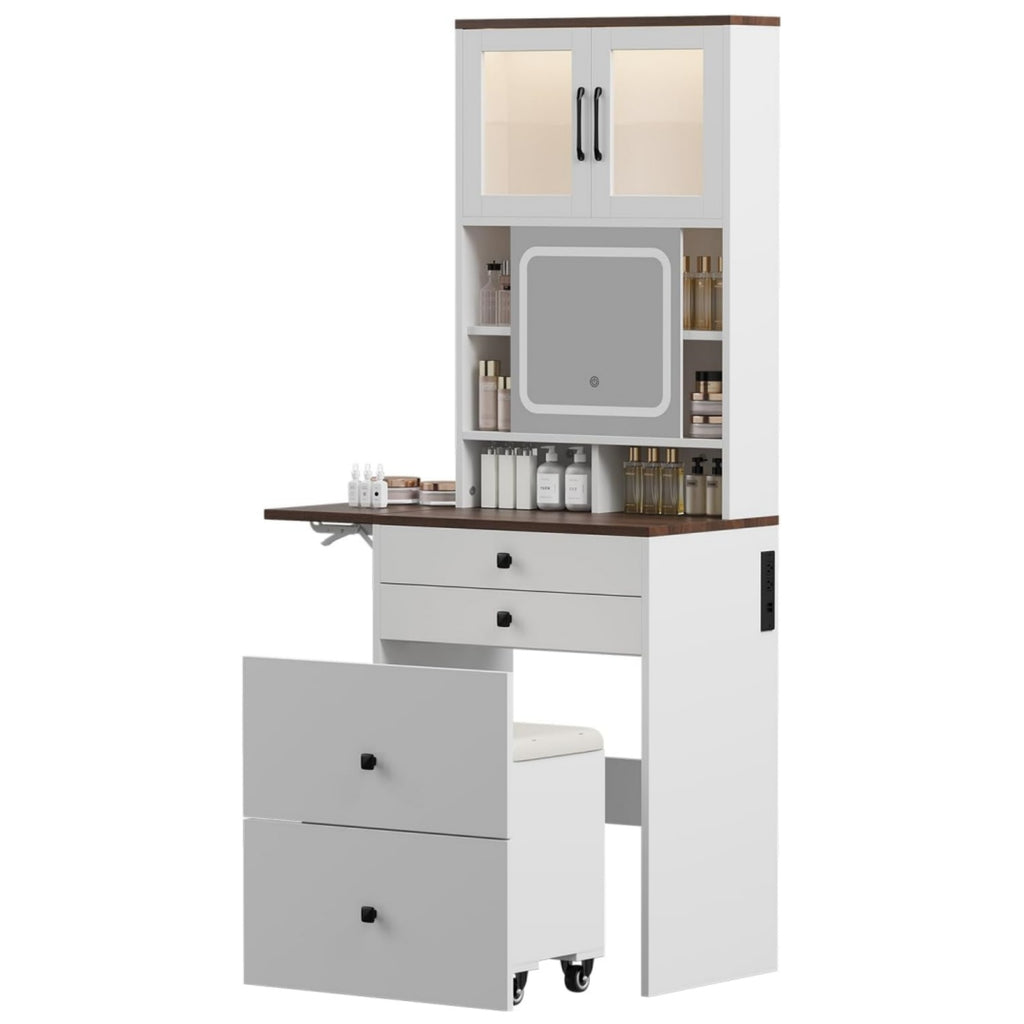 3 in 1 Small Vanity Desk with Mirror and Light, Makeup Vanity Table with Drawers for Small Space, Compact Mini Corner Vanity Set Dressing Table