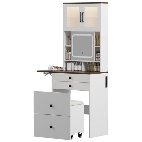 3 in 1 Small Vanity Desk with Mirror and Light, Makeup Vanity Table with Drawers for Small Space, Compact Mini Corner Vanity Set Dressing Table