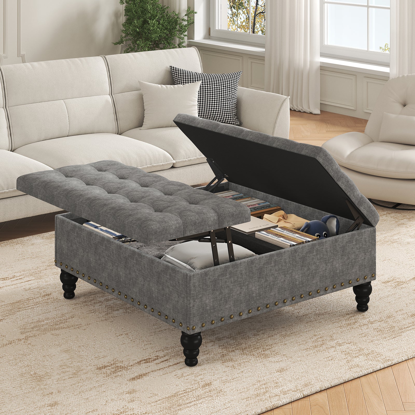 Versatile Lift-Top Ottoman, Large Storage Coffee Table in Chenille for Living Room or Bedroom, Easy-to-Assemble, Dark Grey