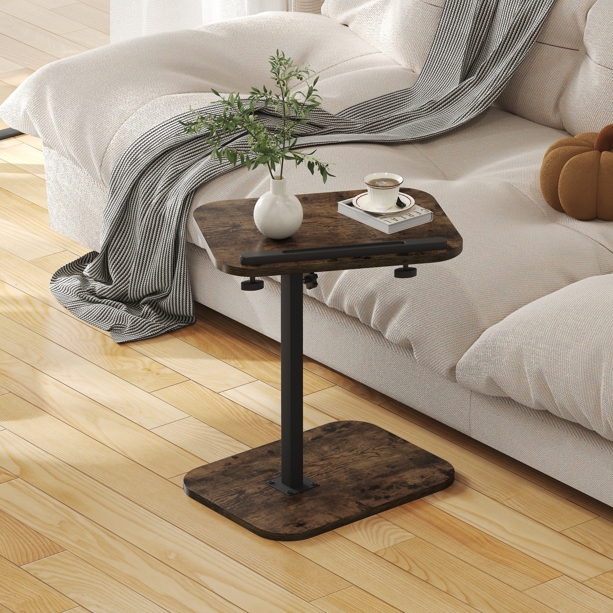Sofa Couch Arm Table Tv Tray Small Bed Stand C Shaped Side End Tables for Living Room, Bedroom, Bedside Rustic
