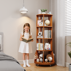 4 Tier Rotating Bookshelf with Brake Wheels, 360° Spinning Bookcase, Vertical Floor Standing Revolving Bookshelf Organizer for Small Spaces, Corner, Living Room, Bedroom, Rustic Brown