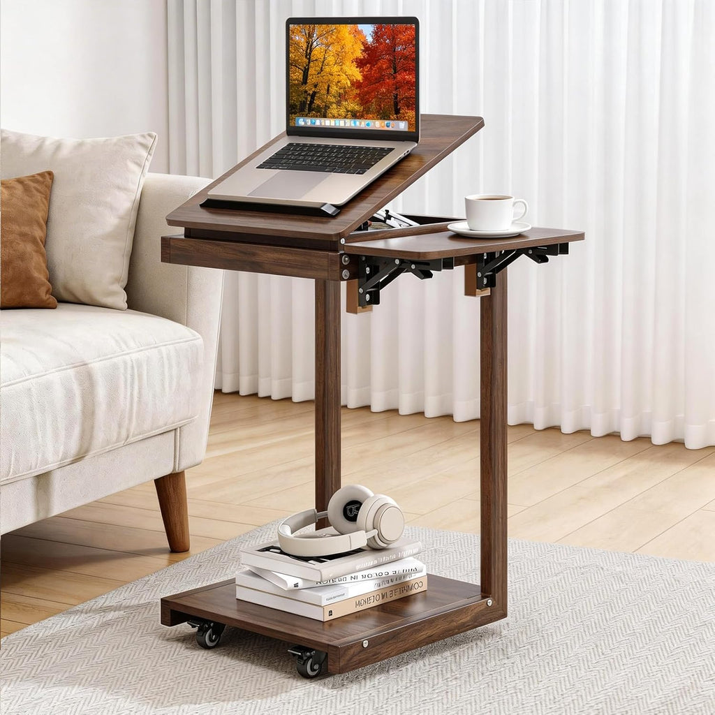 C Shaped End Table for Couch, C Side Table with Convertible Desktop, Folding Tray & Lockable Wheels, 360° Swivel TV Tray Table, Couch Tables That Slide Under, for Living Room, Bedroom, Sofa, Walnut