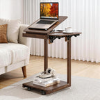 C Shaped End Table for Couch, C Side Table with Convertible Desktop, Folding Tray & Lockable Wheels, 360° Swivel TV Tray Table, Couch Tables That Slide Under, for Living Room, Bedroom, Sofa, Walnut