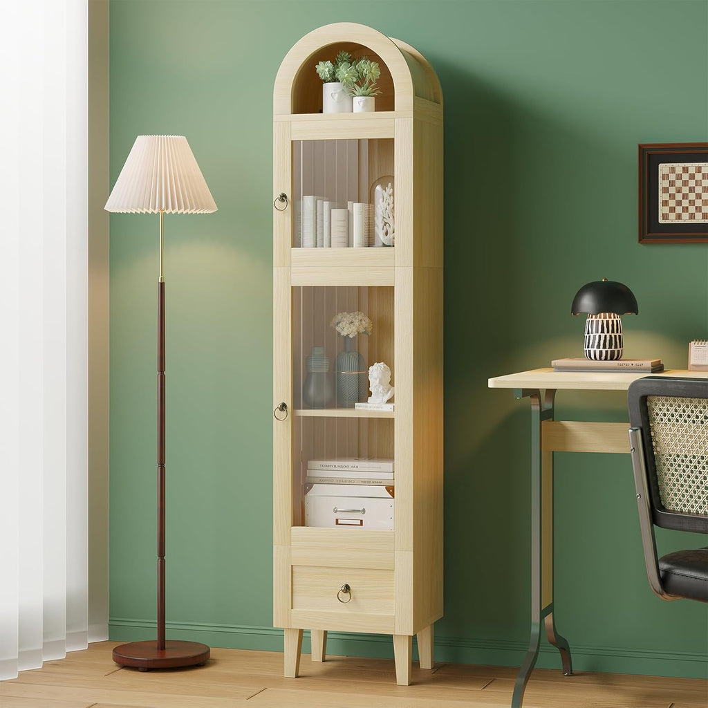 71” Tall Arched Pantry Cabinet with Glass Door, Display Cabinet Organizer with Drawer, Versatile Pantry with Top-Opening Storage Container for Living, Kitchen Dining Room, Natural