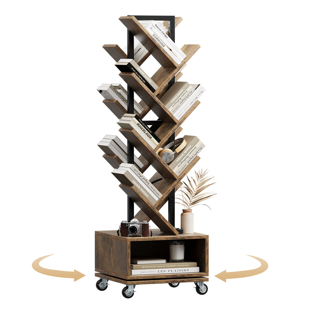 49" Rotating Tree Bookshelf, 7 Tier Double Sided Shelf, Wood Corner Bookshelf with Wheels, 360 Display Spinning Bookcase Storage Rack, Ideal for Small Rooms, Easy Assembly, Rustic Brown
