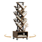 49" Rotating Tree Bookshelf, 7 Tier Double Sided Shelf, Wood Corner Bookshelf with Wheels, 360 Display Spinning Bookcase Storage Rack, Ideal for Small Rooms, Easy Assembly, Rustic Brown
