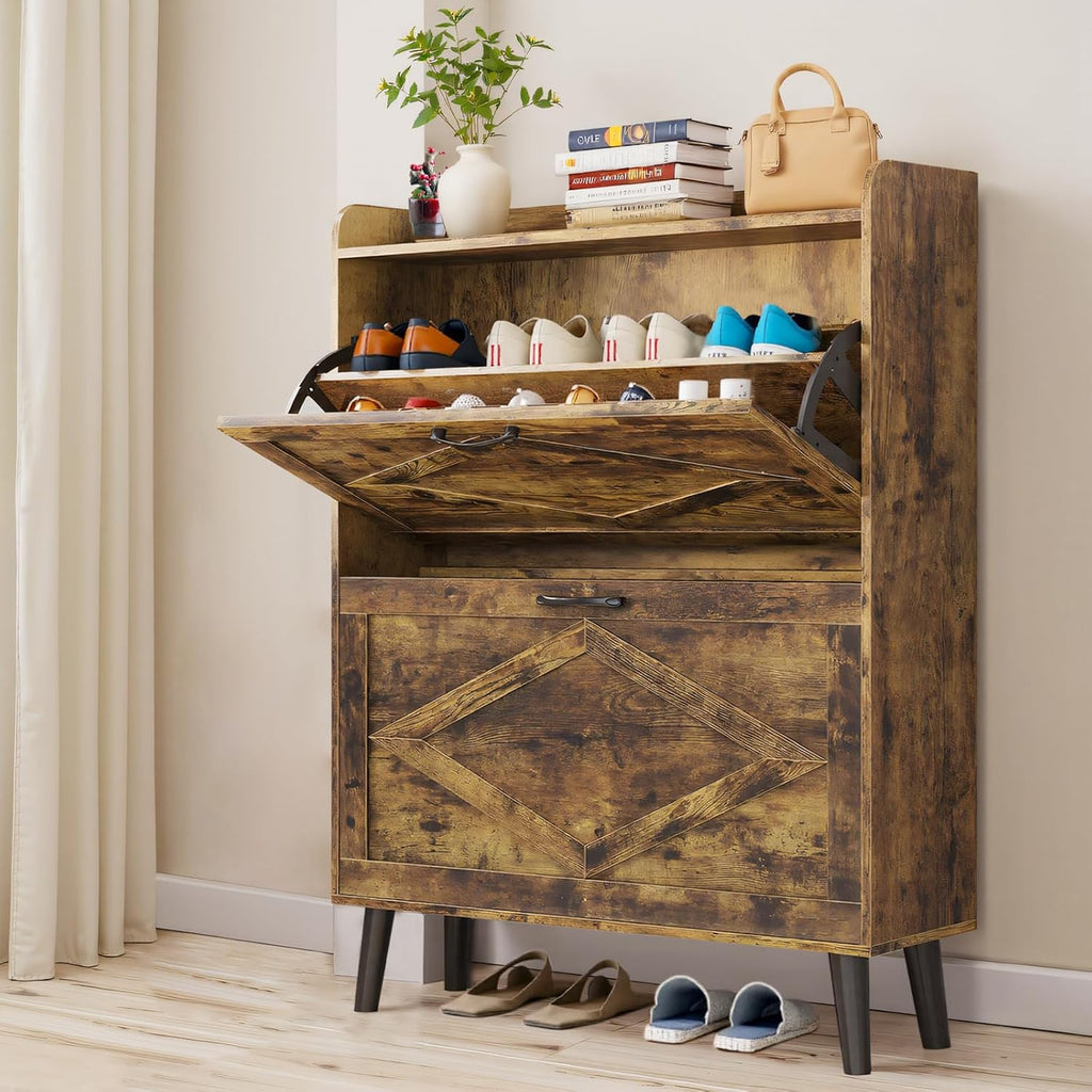 Farmhouse Entryway Shoe Storage Cabinet with 2 Flip Drawers, Shoe Rack Organizer for Hallway, Rustic Wood Furniture with Open Shelves