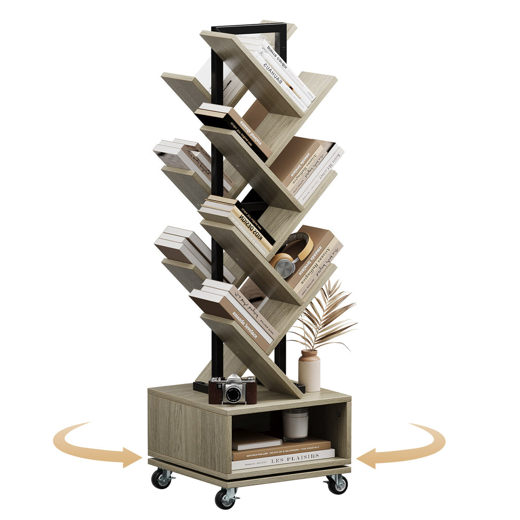 Double Sided Rotating Tree Bookshelf - 7-Tier Retro Floor Standing Bookcase, Wood Storage for Books, CDs, Movies, Perfect for Small Spaces in Bedroom, Living Room, Home Office, Grey