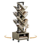Double Sided Rotating Tree Bookshelf - 7-Tier Retro Floor Standing Bookcase, Wood Storage for Books, CDs, Movies, Perfect for Small Spaces in Bedroom, Living Room, Home Office, Grey