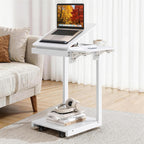 C Shaped End Table for Couch, C Side Table with Convertible Desktop, Folding Tray & Lockable Wheels, 360° Swivel TV Tray Table, Couch Tables That Slide Under, for Living Room, Bedroom, Sofa, White