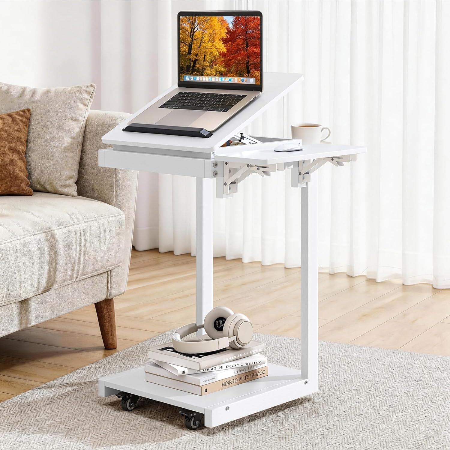 C Shaped End Table for Couch, C Side Table with Convertible Desktop, Folding Tray & Lockable Wheels, 360° Swivel TV Tray Table, Couch Tables That Slide Under, for Living Room, Bedroom, Sofa, White
