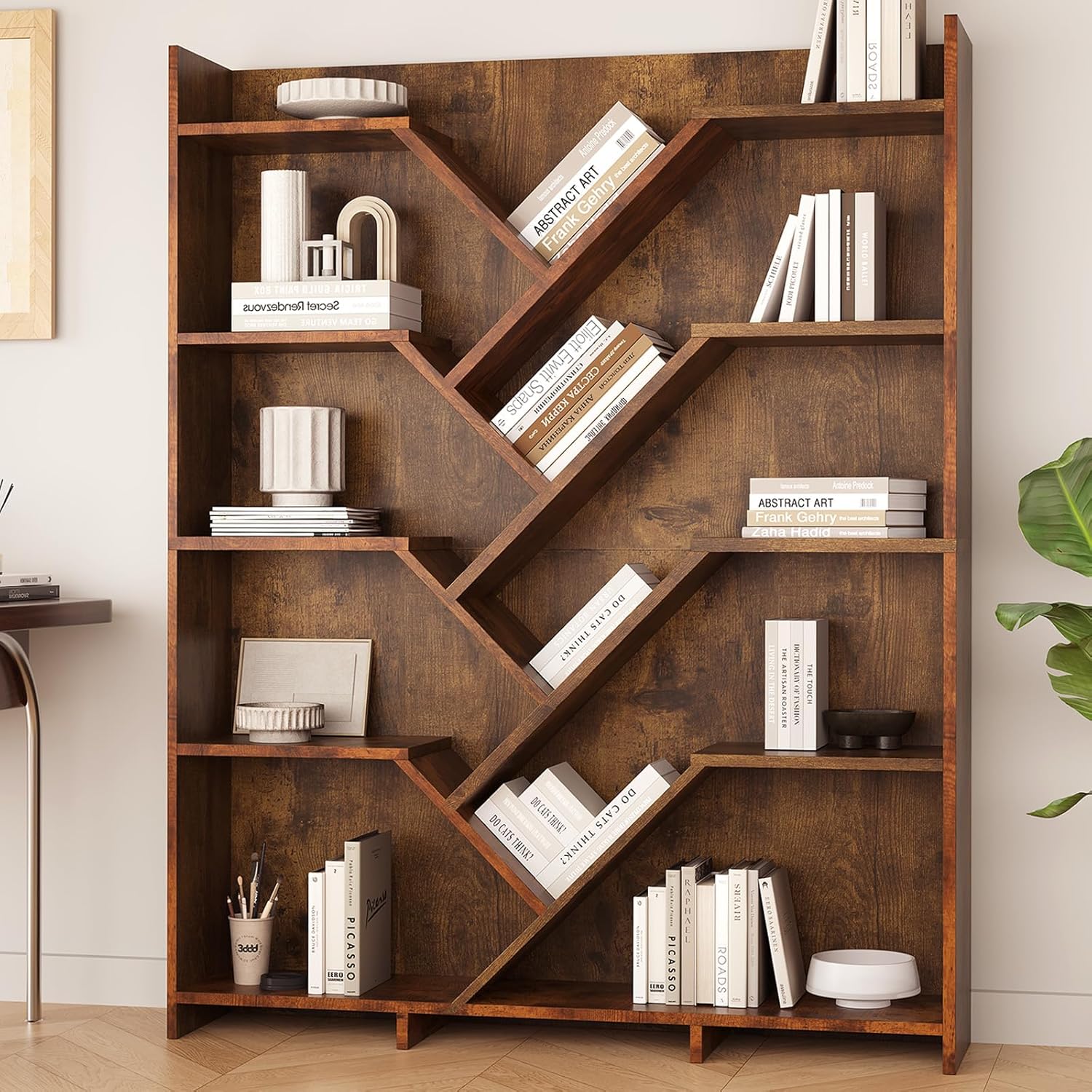 5-Tier Large Wooden Tree Bookshelf, 71" Tall Bookcase Organizer, Storage Rack with Open Shelves for Living Room, Bedroom, Home Office, Rustic Brown
