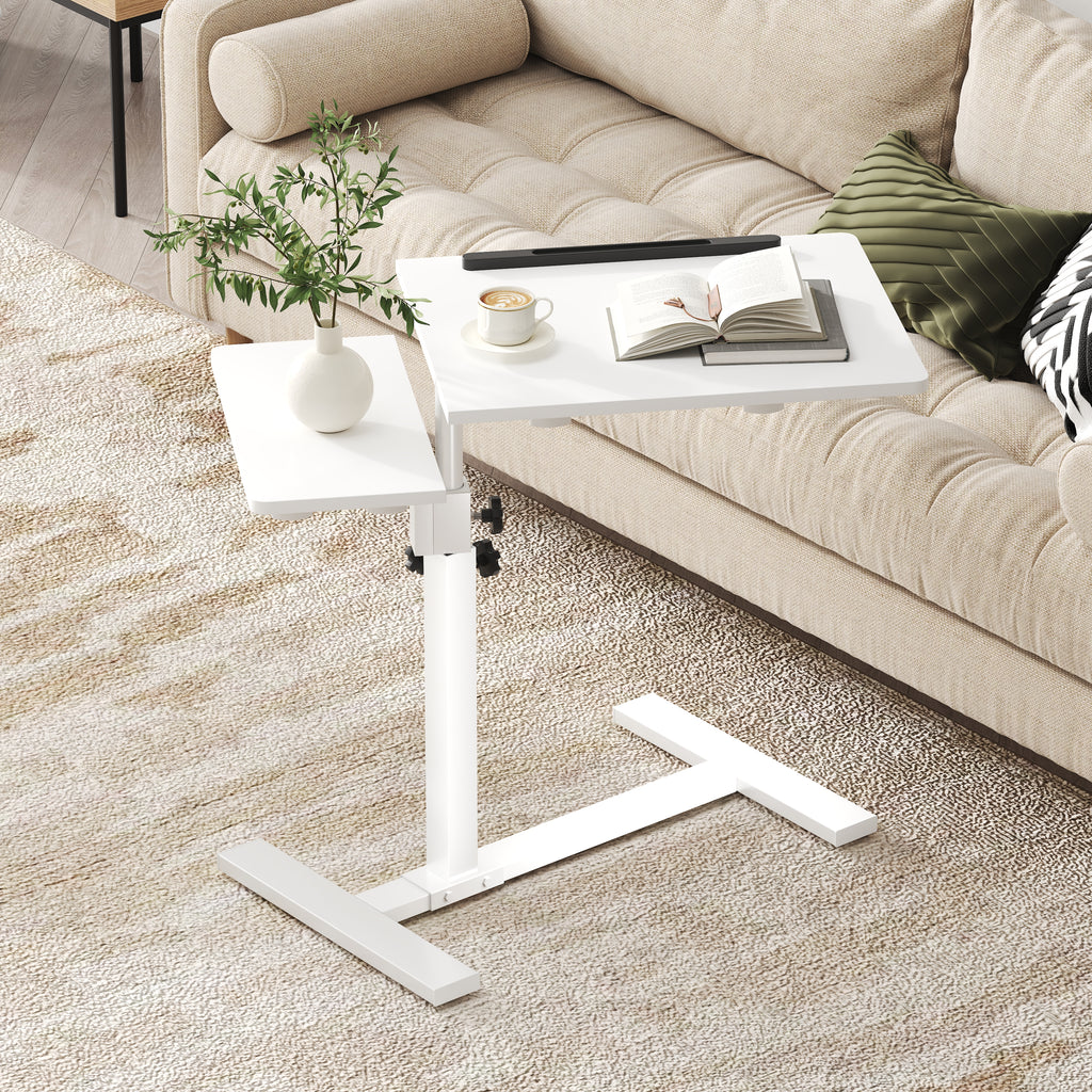 Height Adjustable C-Shaped Table with Removable Wheels, Mobile Sofa Snack Table with Tiltable Top, Adjustable Laptop Stand for Couch, Bedside Desk with Pen Slot, White