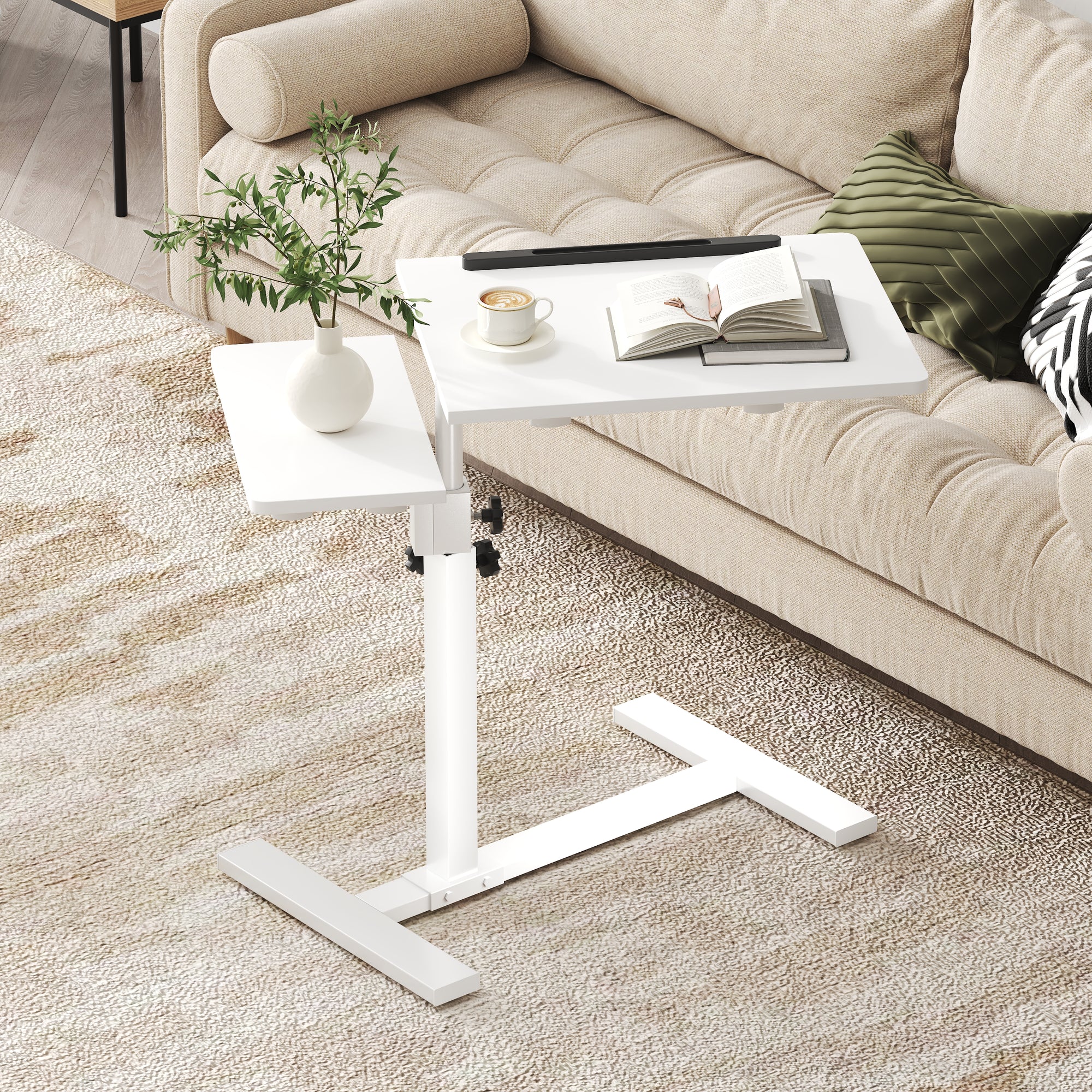 Height Adjustable C-Shaped Table with Removable Wheels, Mobile Sofa Snack Table with Tiltable Top, Adjustable Laptop Stand for Couch, Bedside Desk with Pen Slot, White