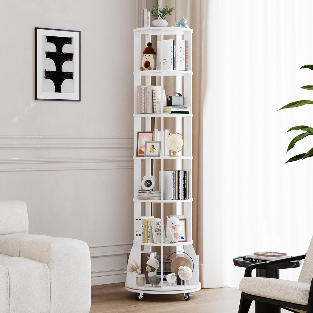 6 Tier Rotating Bookshelf with Locking Casters, 360° Spinning Vertical Bookcase, Revolving Floor Standing Organizer for Small Spaces, Corner, Living Room, Bedroom, White