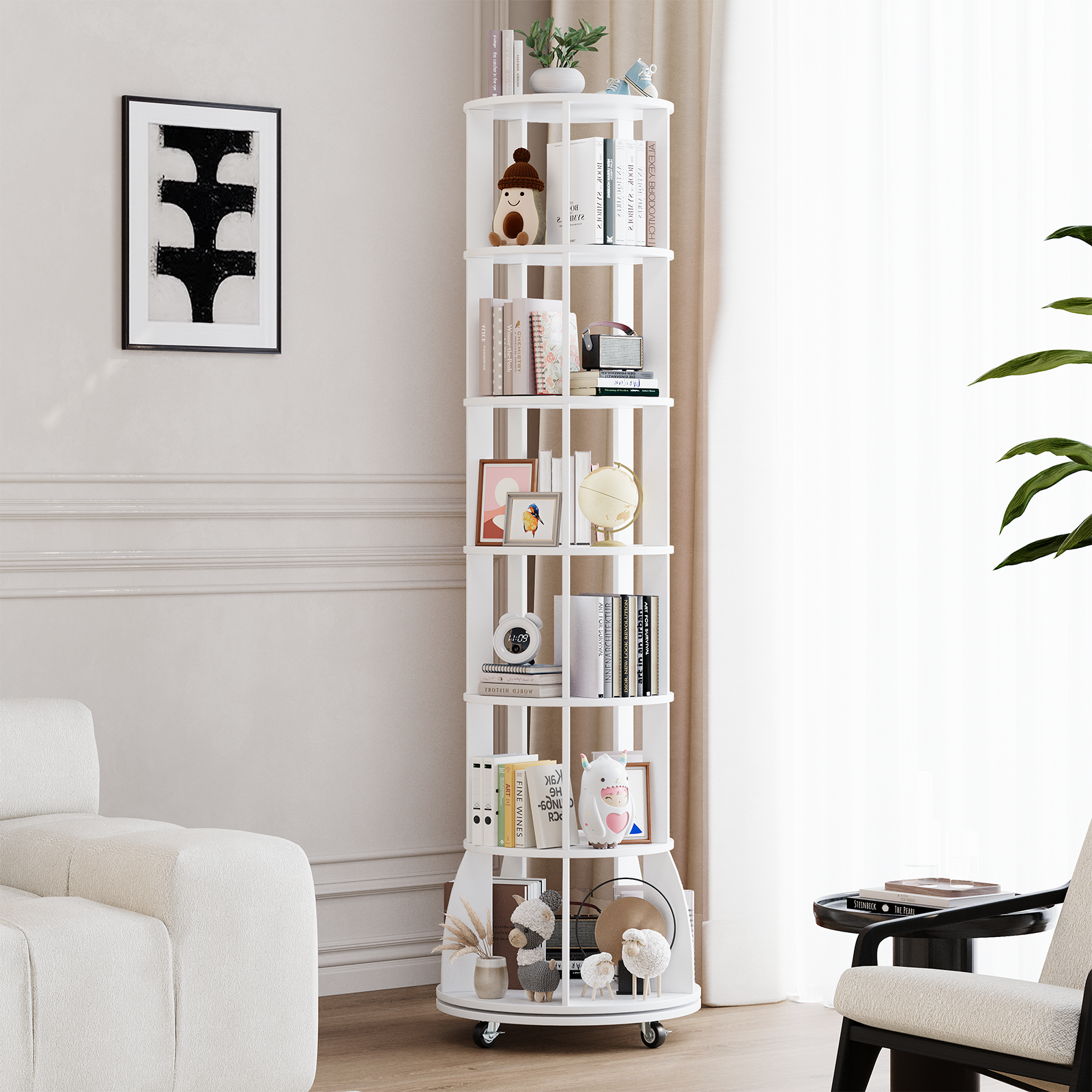 6 Tier Rotating Bookshelf with Locking Casters, 360° Spinning Vertical Bookcase, Revolving Floor Standing Organizer for Small Spaces, Corner, Living Room, Bedroom, White