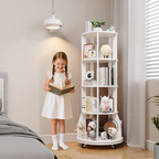 4 Tier Rotating Bookshelf with Brake Wheels, 360° Spinning Bookcase, Vertical Floor Standing Revolving Bookshelf Organizer for Small Spaces, Corner, Living Room, Bedroom, White