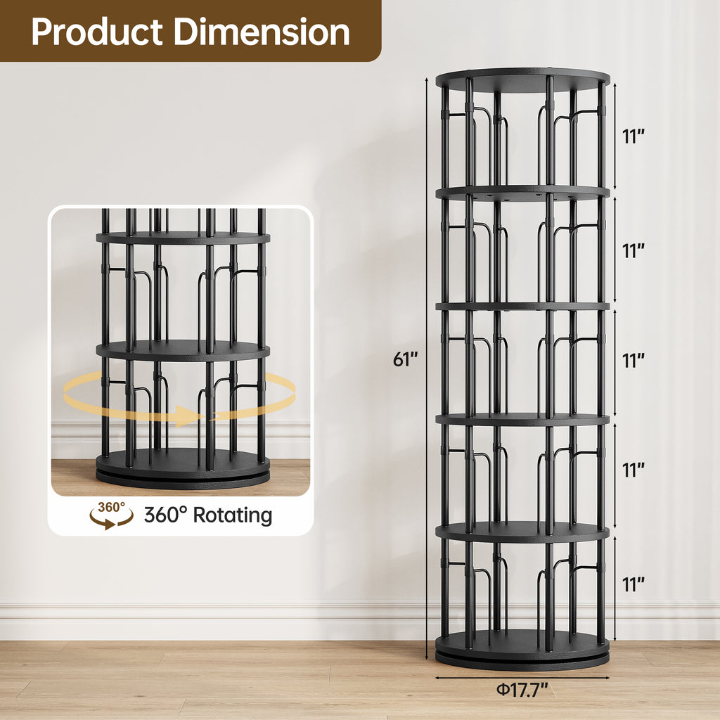 5 Tier Rotating Bookshelf Tower, 360° Spinning Bookcase, Vertical Floor Standing Revolving Bookshelf Organizer for Small Spaces, Corner, Living Room, Bedroom, Black