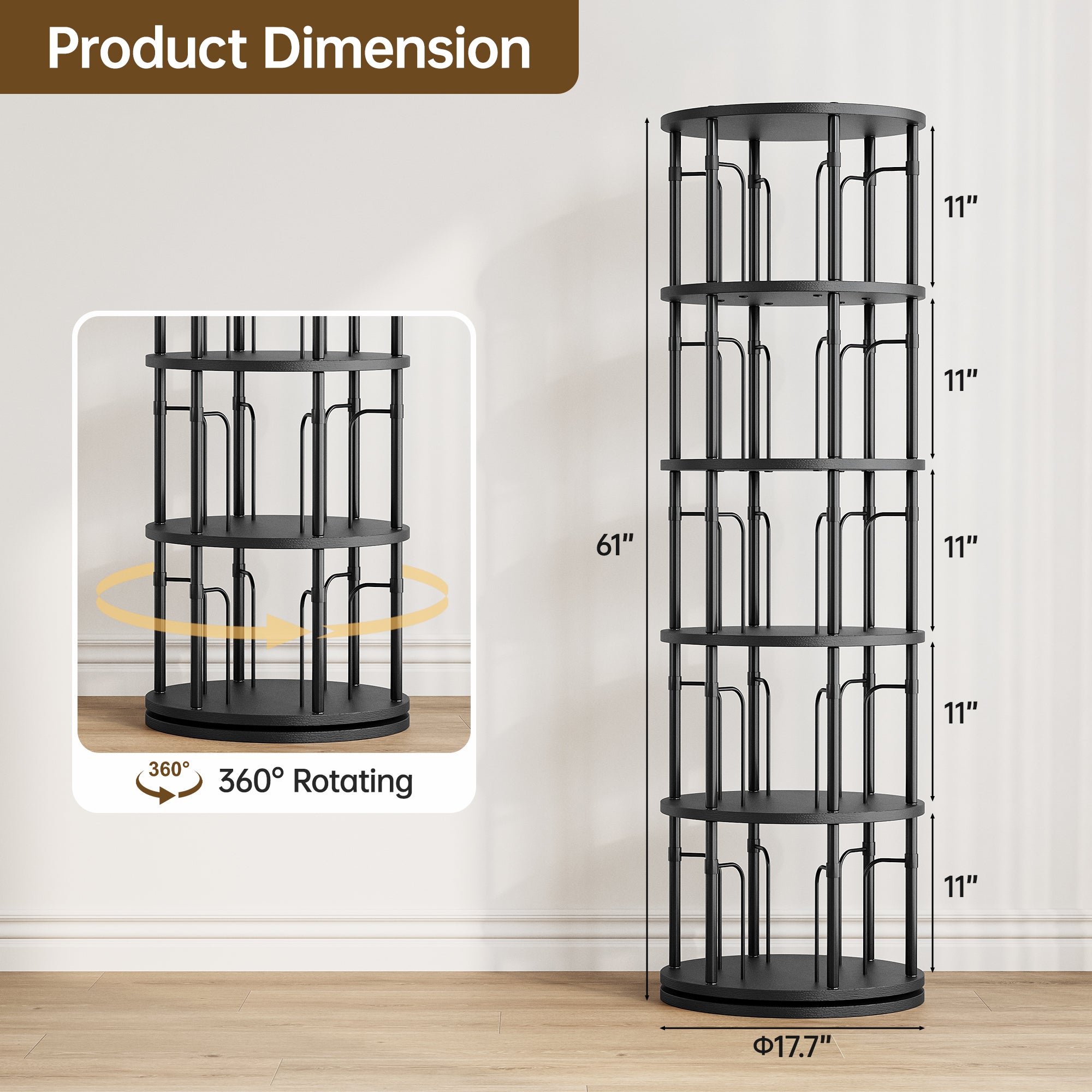 5 Tier Rotating Bookshelf Tower, 360° Spinning Bookcase, Vertical Floor Standing Revolving Bookshelf Organizer for Small Spaces, Corner, Living Room, Bedroom, Black