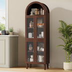 71” Tall Arched Pantry Cabinet with Glass Door, Display Cabinet Organizer, Versatile Pantry with Top-Opening Storage Container for Living, Kitchen Dining Room, Brown