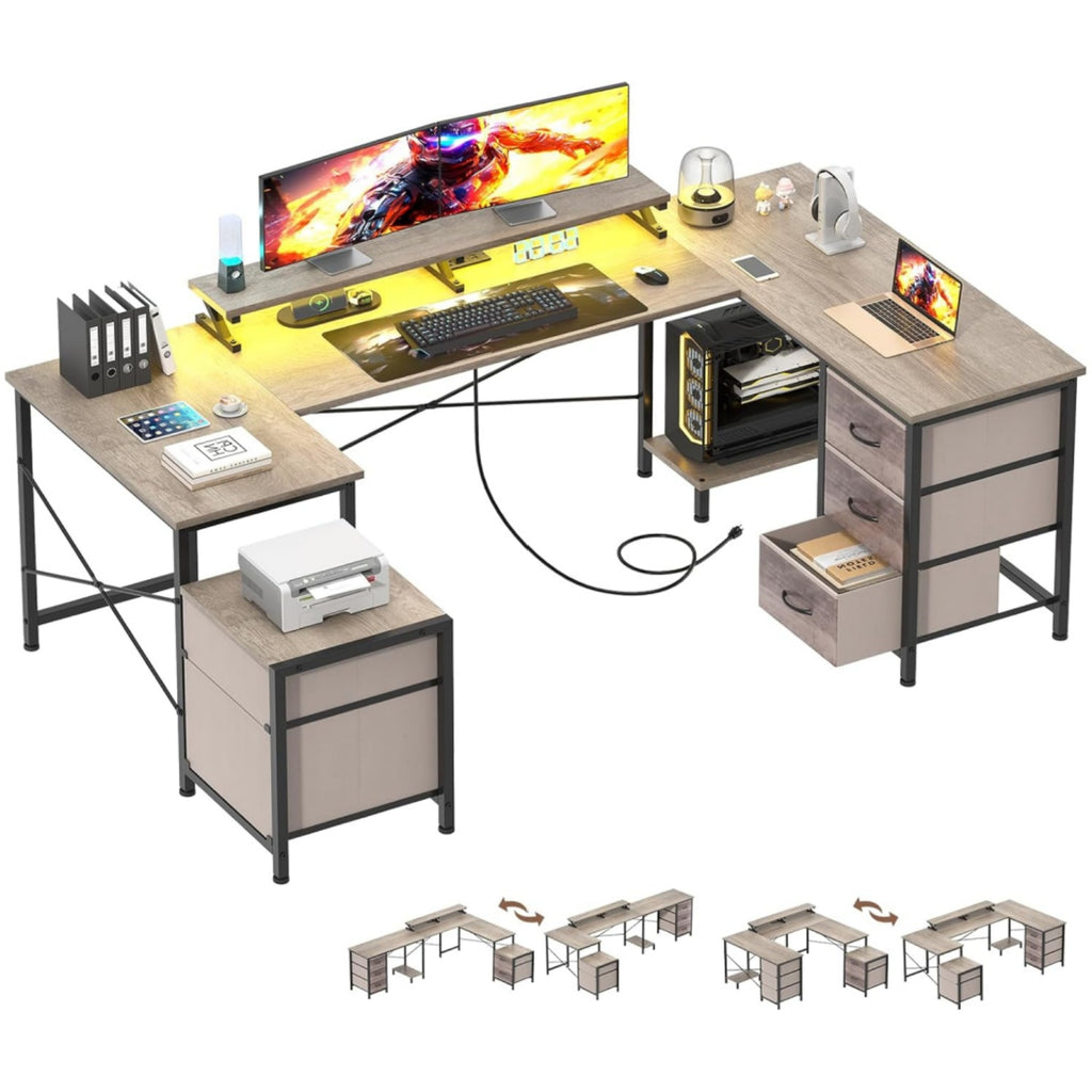 U Shaped Computer Desk, Reversible L Shaped Home Office Desk with Drawers, Monitor Stand, LED Lights, Corner Gamer Desk Table with Power Outlets & USB Ports, Grey