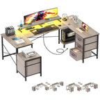 U Shaped Computer Desk, Reversible L Shaped Home Office Desk with Drawers, Monitor Stand, LED Lights, Corner Gamer Desk Table with Power Outlets & USB Ports, Grey